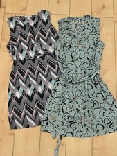 2 x Summer Dress 14 16 Sleeveless Shift Blue Belt Aztec Print Button Through VGC