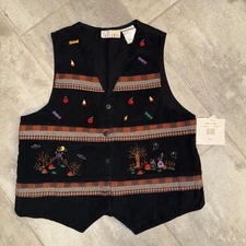 NWT Vintage Casey & Max Halloween Vest Black Embroidered Pumpkin Candy Apples  L
