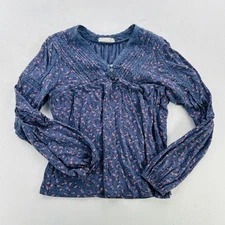 Lucky Brand Shirt Womens Medium Blue Floral Lace Trim Boho Peasant Long Sleeve