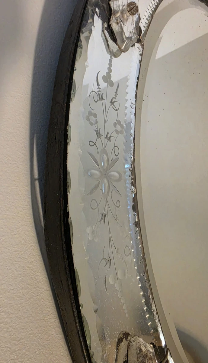 Antique c1890 Venetian Etched Glass Oval Wall Mirror Beveled 37.5"