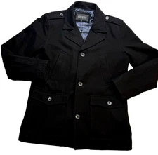 Guess Men’s Black Wool Blend Military Peacoat Jacket Size M Button Front