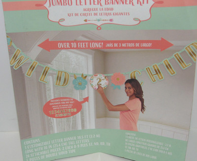 New Jumbo Letter Banner Kit~Add an Age~One banner w/24 Pieces Wild Child Flowers