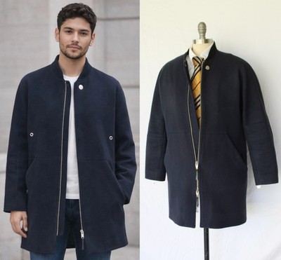 The Arrivals MILO Coat wool Bonded Bomber varsity aviator Jacket Blue Full Zip
