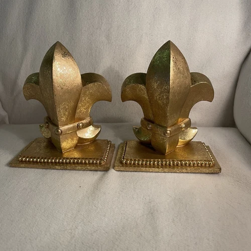Vtg Pair Flour-de-lid Antique Gold Bookends