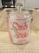 8.5" Barger Candy Sticks Peppermint Candy Glass Store Counter Advertising Jar
