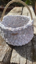 Handmade Farmhouse Crocheted Basket With Wooden Handle
