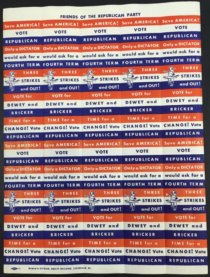 1944 FULL SHEET 50 DEWEY BRICKER NO 4th TERM ANTI-ROOSEVELT BASEBALL 3 STRIKES - Image 1 of 1