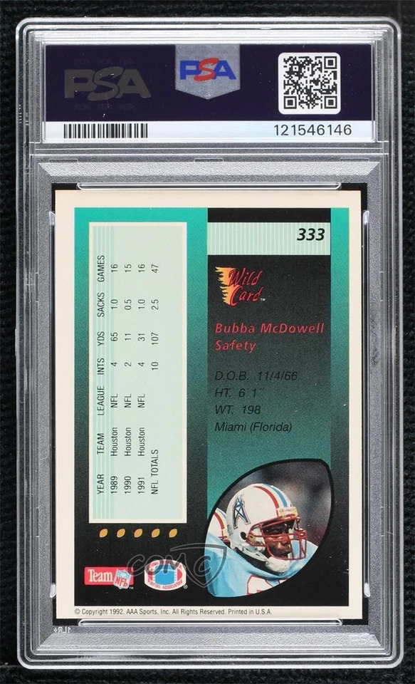 1992 Wild Card 1000 Stripe Bubba McDowell #333 PSA 2 - Image 2 of 2