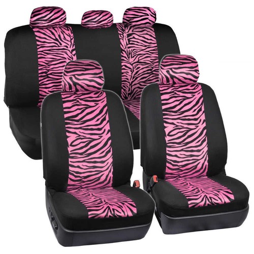 Hot Pink/Black Zebra Animal Print Full Seat Cover Set Fits Car Truck Van- 12 PC - Picture 2 of 12
