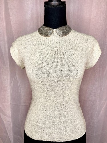 vintage 1960s Winthrop ivory knit mod blouse w/ silver beaded peter pan collar - Picture 2 of 14