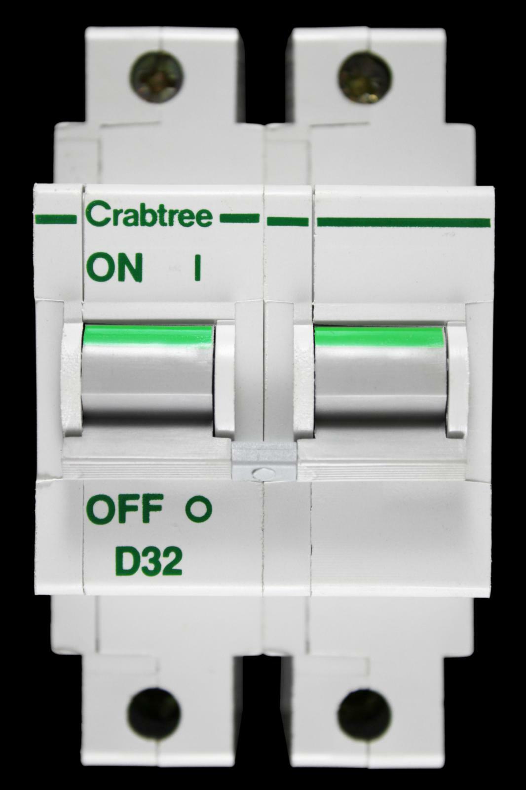 CRABTREE 32 AMP CURVE D 10kA DOUBLE POLE MCB CIRCUIT BREAKER POLESTAR 62D/32