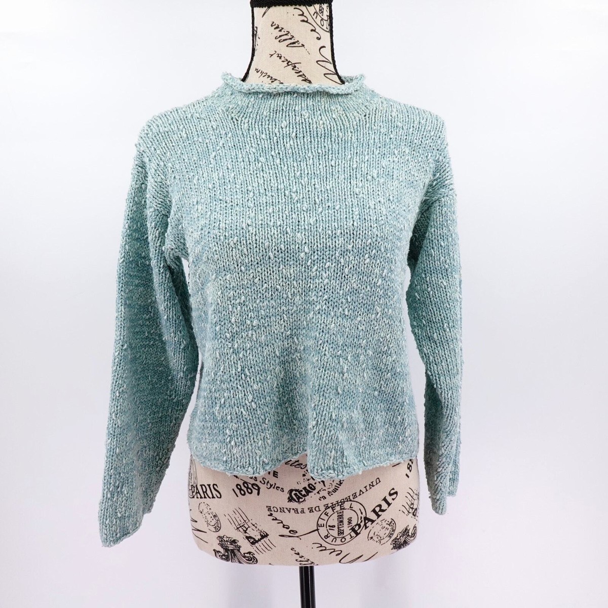 Womens Y2K Cropped Sweater XS Blue Specked Knit Pullover Mock Neck