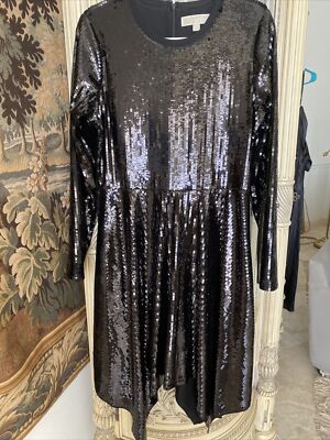 michael kors black sequin dress NWOT Womens Asymmetrical Glitter Size Large Little Black Dresses | bridal black earring Cut in a body SIZE:Size 12