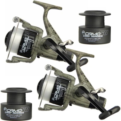 2 x NGT Karpfen Angelrolle Camouflage 60+12 Pfund Leine Ersatzspule Karpfenläufer Freibad