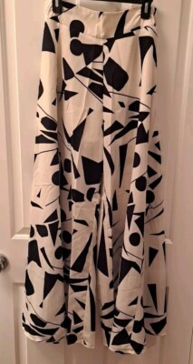 L Atiste pant wide leg off white black pants Size Large, Side Zip chic silky