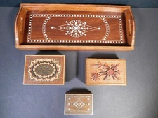 Group Of Vintage Wood Inlay Tray & 5 Jewelry / Trinket Boxes 