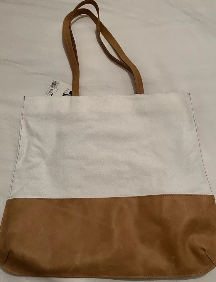 Magnolia Hearth &  Hand Leather Canvas Lined Purse Bag Tote Tan & White 16x163/4 - Image 4 of 4
