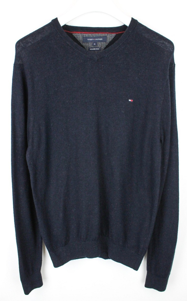 TOMMY HILFIGER Jumper Men's MEDIUM Lambswool V-Neck Tight Knit Dark Blue  Logo