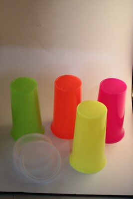 NEW ~ 4x TUPPERWARE 10oz Bell Tumbler Cup & Lids Neon Pink Yellow Green Orange 