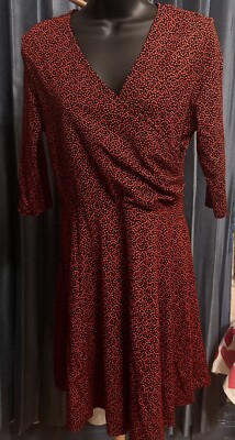 Women's Three Quarter Sleeve Faux Wrap Fit and Flare Dress BlackRed Print M