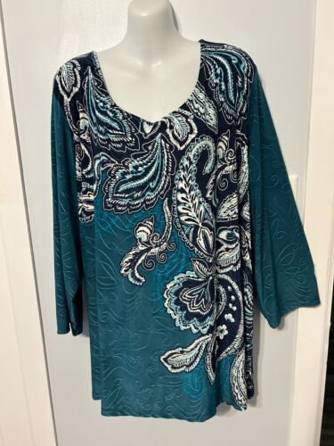 NWT JM Collection Teal Evergreen Paisley Multi Top with 3/4 Sleeve Plus Size 4X
