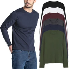 Mens Long Sleeve T-Shirt Slim Fit 100% Cotton Plain Crew Round Neck Tee Tops New