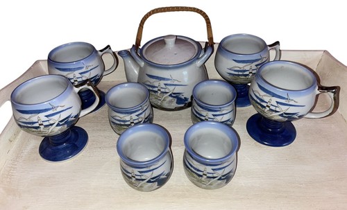 Vintage MCM Otagiri Lighthouse Seagull Ocean Scene 10pc Tea Set Stoneware - Picture 2 of 5