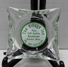 Vintage Square Clear Glass Ashtray  5" - The Village Inn - Hanska Minn