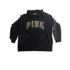 Victoria's Secret PINK Black Sequin Logo Funnel Neck Sweatshirt XL