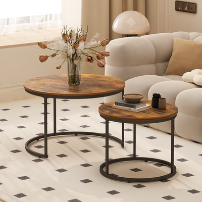 Nesting Coffee Table Set of 2 Round Coffee Table Industrial Wood Finish Brown
