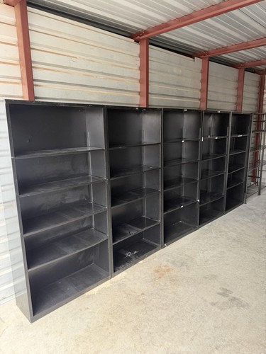 Lot of 4 Black Metal Industrial Warehouse Shelving Units with Adjustable Shelves