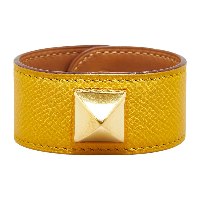 Y1213 Hermes Medor Bracelet Bangle Yellow Gold Leather Plated Ladies HERMES Used