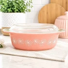 Vintage Pyrex Pink Daisy 043 1 1/2 Qt Oval Casserole Dish Glass Lid MCM Kitchen