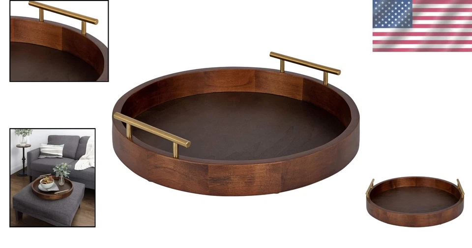 Modern Round Tray with Metal Handles, 18", Walnut & Gold - Image 2 of 4