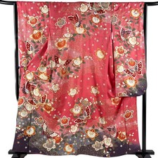 JAPANESE KIMONO FURISODE Pink 160.5cm 5 ft 3 in PURE SILK AA9779