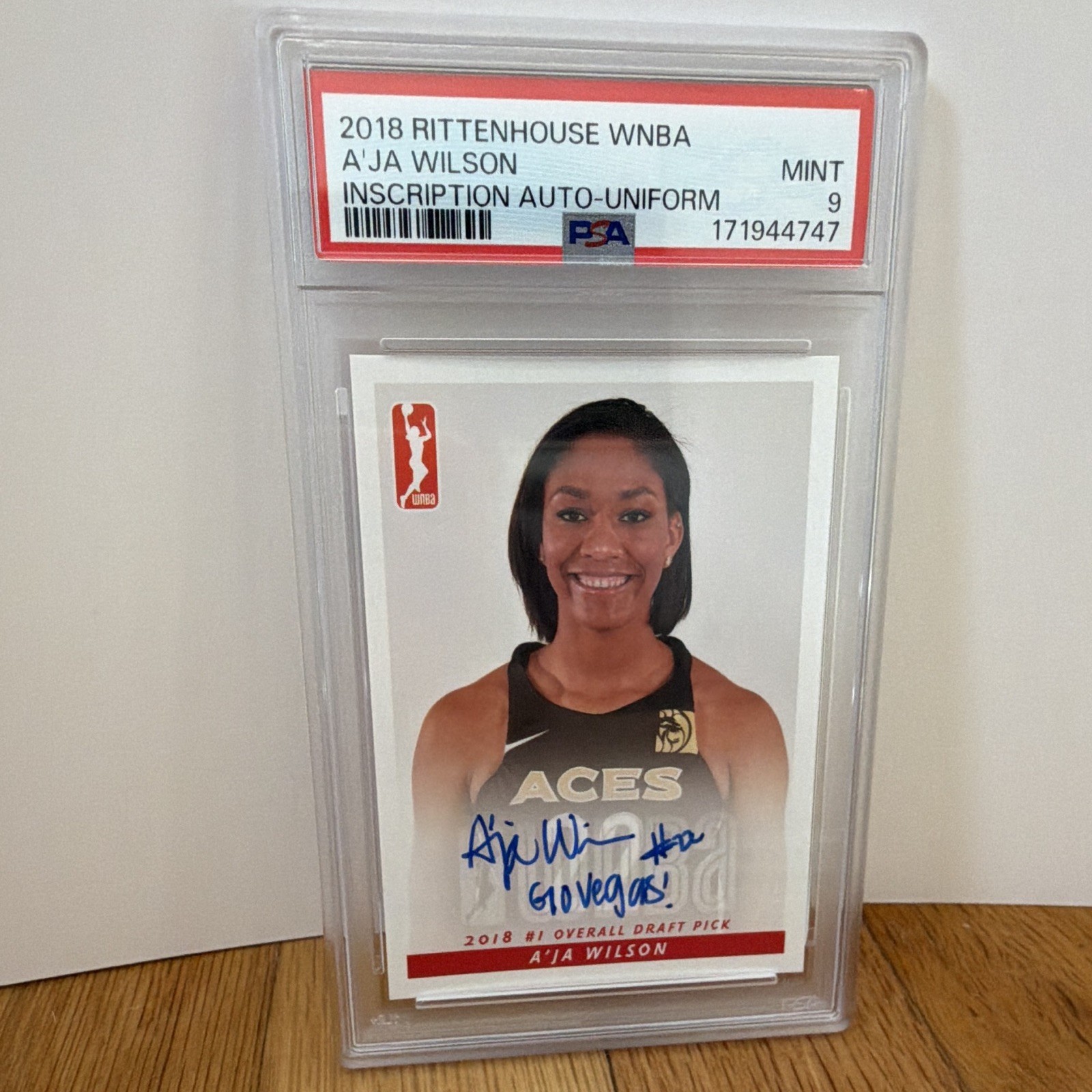2018 Rittenhouse WNBA A'ja Wilson Aces Auto Uniform PSA 9 Rookie Card RC view 2