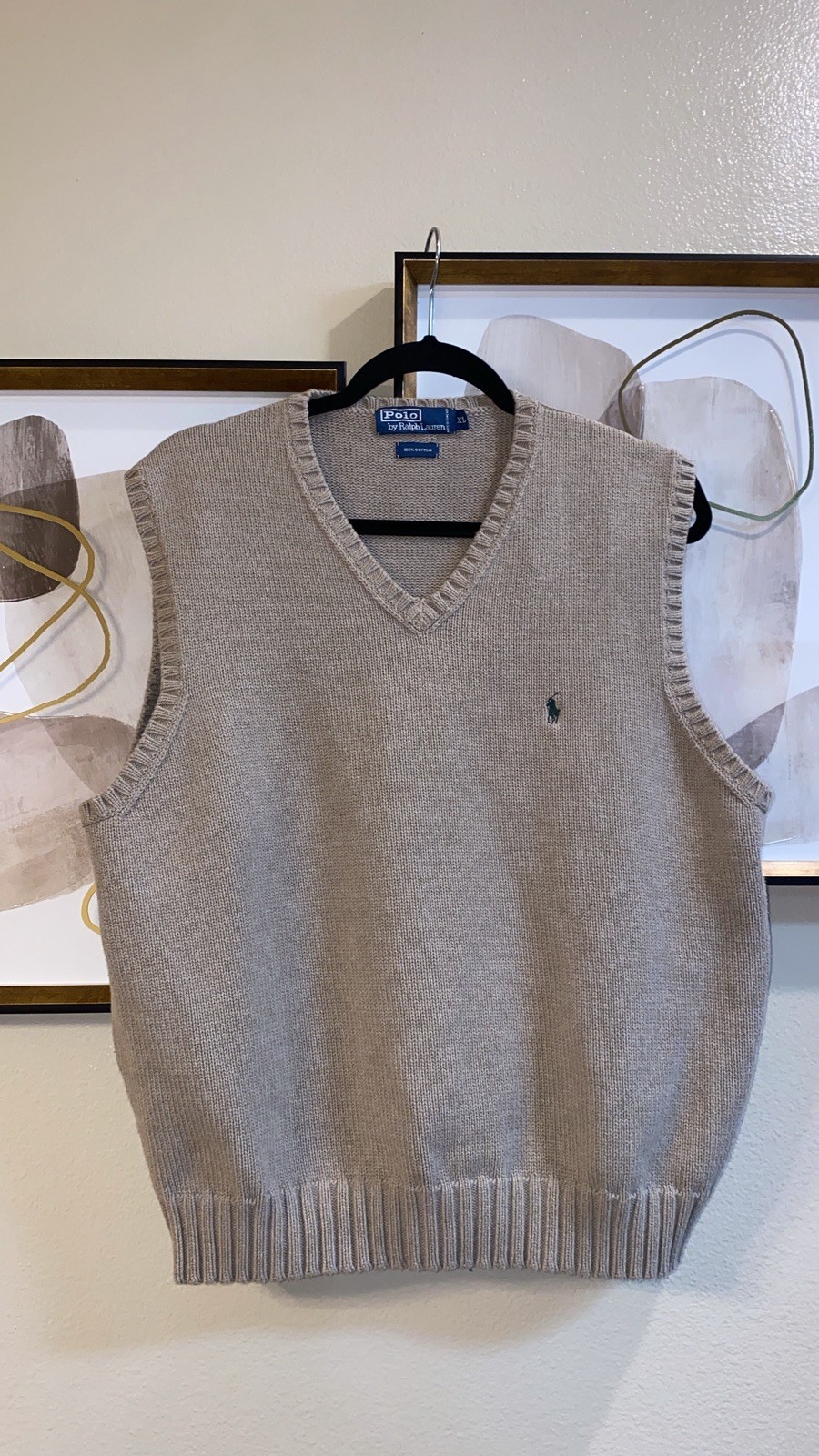 VTG Polo Ralph Lauren V Neck Sweater Vest Tan Cotton Men size XL