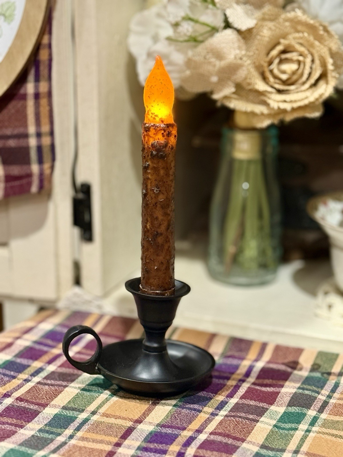 Primitive Metal Teacup Candle Holders, 6.5 Inch Taper Candle