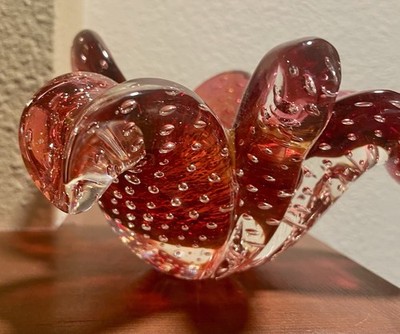 Murano Barovier Toso Glass Bowl Cranberry Bullicante Bubble 4 Leaf Clover Gold