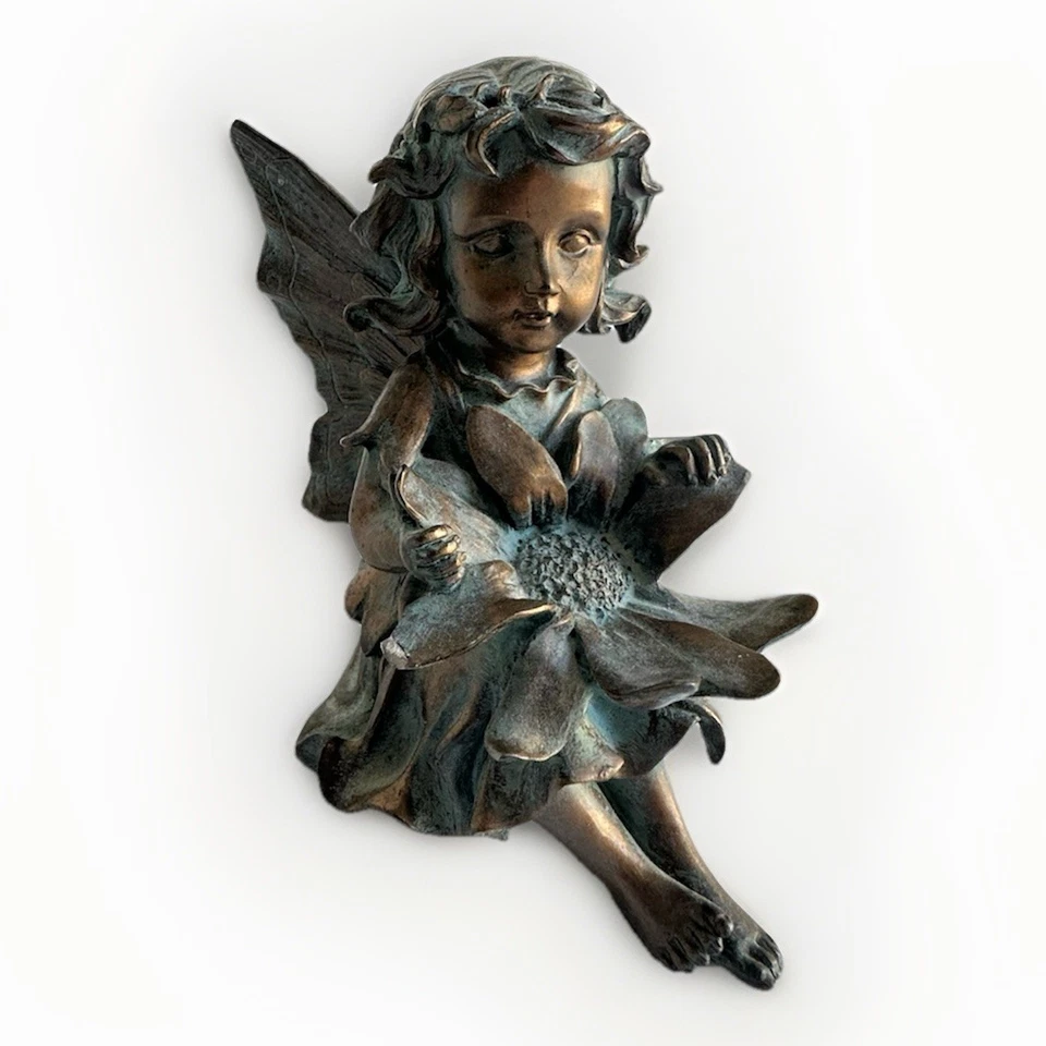 "Estatua de hadas pátina de bronce de 4"" sentada con girasol de colección jardín duxie" Foto 3 de 4