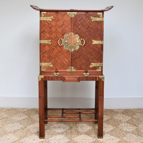 Mid 20th C Korean Oriental Chinese Bamboo Brass Table Drawer Cabinet on Stand - Picture 11 of 12