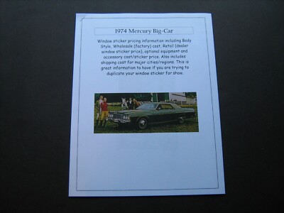 1974 Mercury ''Big Car'' factory cost/dealer retail pricing of cars/options--'74