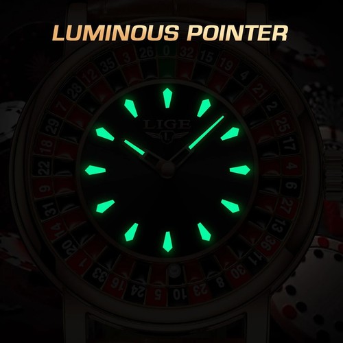 Orologio Uomo Moda Pelle Marrone - Quadrante Rotante Tema Roulette Las Vegas - Foto 2 di 9