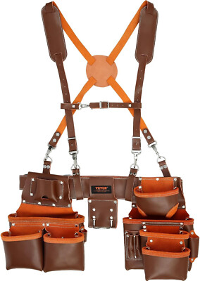 VEVOR Tool Belt with Suspenders Adjustable Carpenter Tool Pouch Genuine Leather