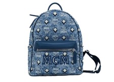 Mcm Women Blue Backpack Woven Fabric Jacquard Monogram Print Adjustable Rucksack