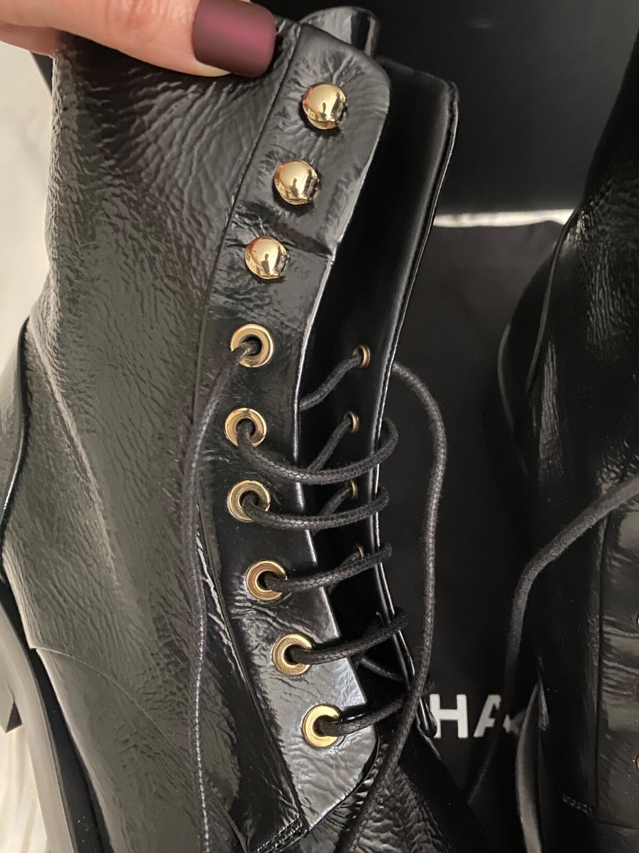 Chanel Combat Lace Up Boots Shiny Goatskin Black & Dark Gray Chanel Combat Lace Up Boots Shiny Goatskin Black & Dark Gray