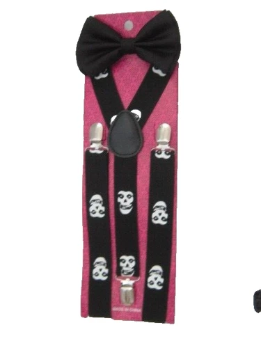 BLACK TUXEDO ADJ BOW TIE+WHITE MISFITS SKULLS BLACK ADJ Y-BACK SUSPENDERS COMBO! - Picture 1 of 1