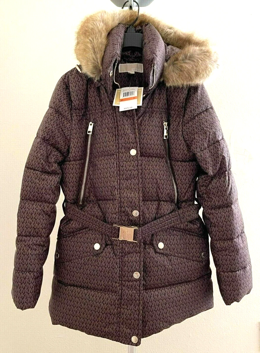 New! Michael Kors Women Faux-Fur Trim Hooded Puffer Jacket Size S-Chocolate Logo