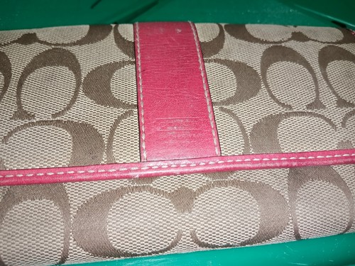 Vintage Coach Signature Trifold Wallet Long Tan canvas and Pink Leather Trim - Picture 3 of 10