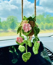 Crochet Cherry Blossom Car Hanging Plant, Rearview Mirror Decoration, Car Decor